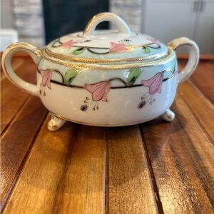 Vintage Nippon Floral Porcelain Sugar Bowl with Lid Pink Green